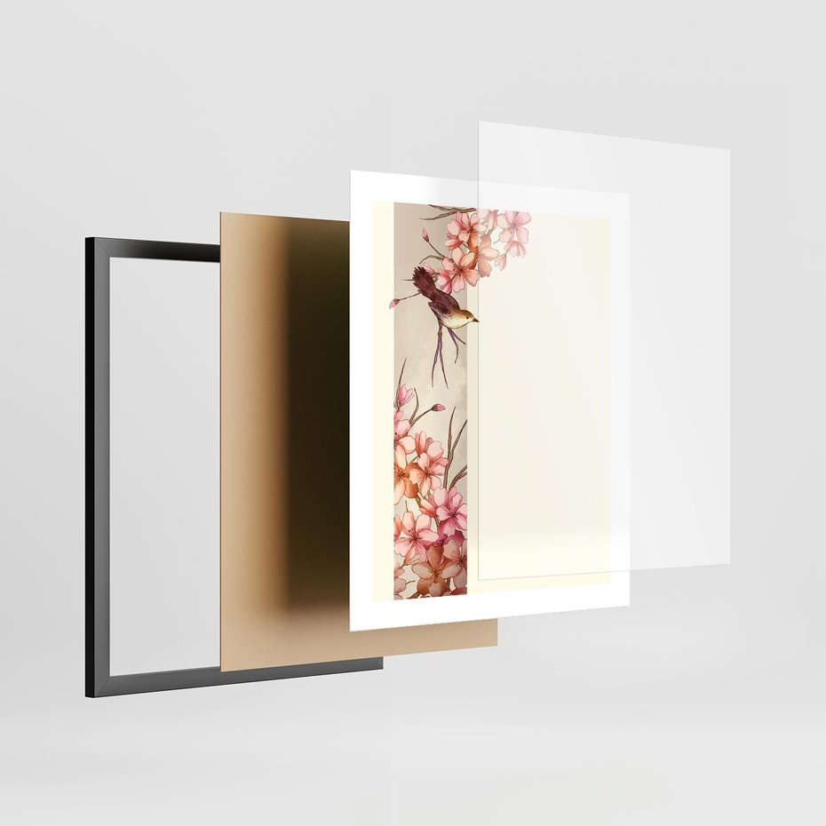 Plakat w ramie 40x50 - Rozkwitające Marzenia - japońska sztuka, ptak - rama czarna