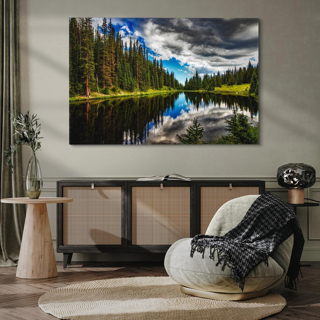 Obraz na płótnie 120x80 - Spokój nad jeziorem wśród lasu - las, jezioro