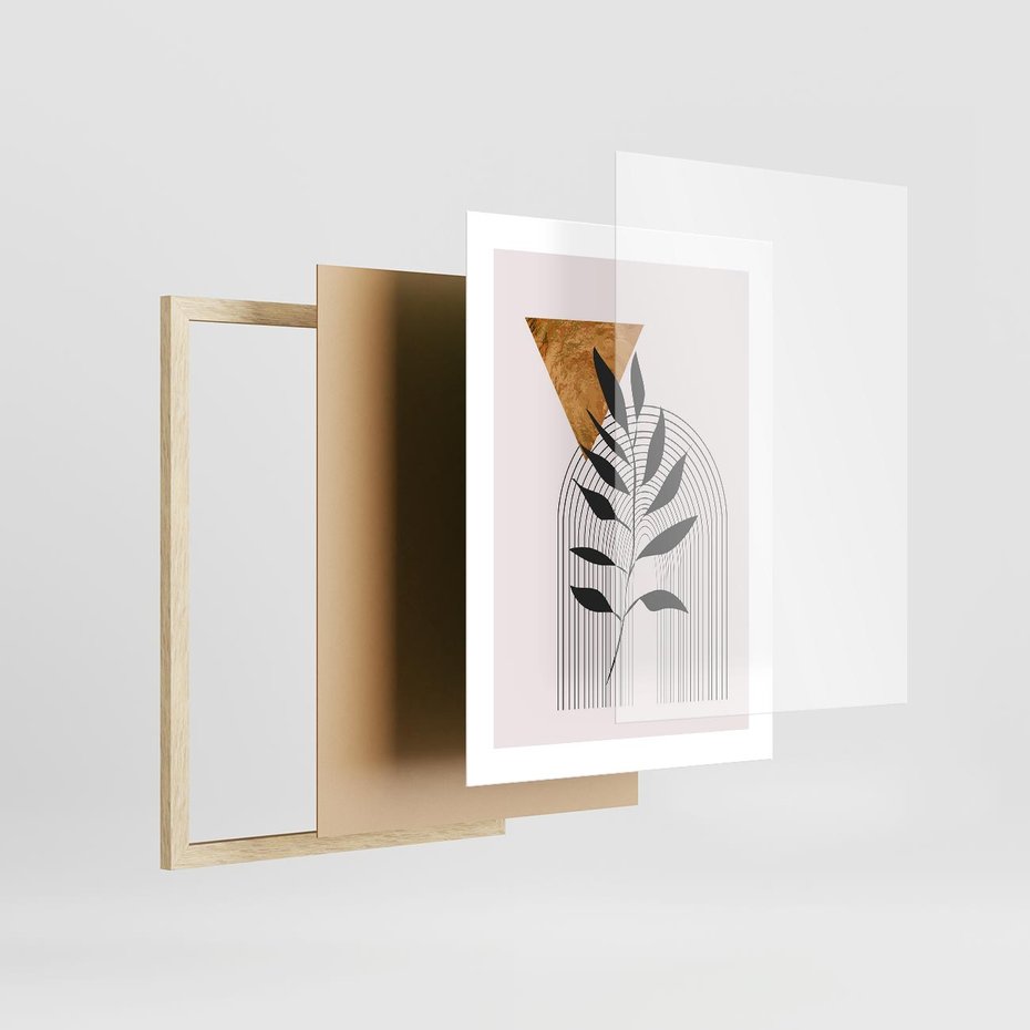 Plakat w ramie 30x40 - Geometria z Elementami Złota i Liści - grafika, złoto - rama drewno