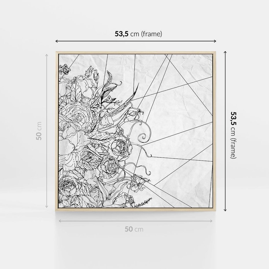 Obraz w ramie 50x50 - Refleksje w martwym punkcie - graficzny szkic, kompozycja kwiatów - rama drewno
