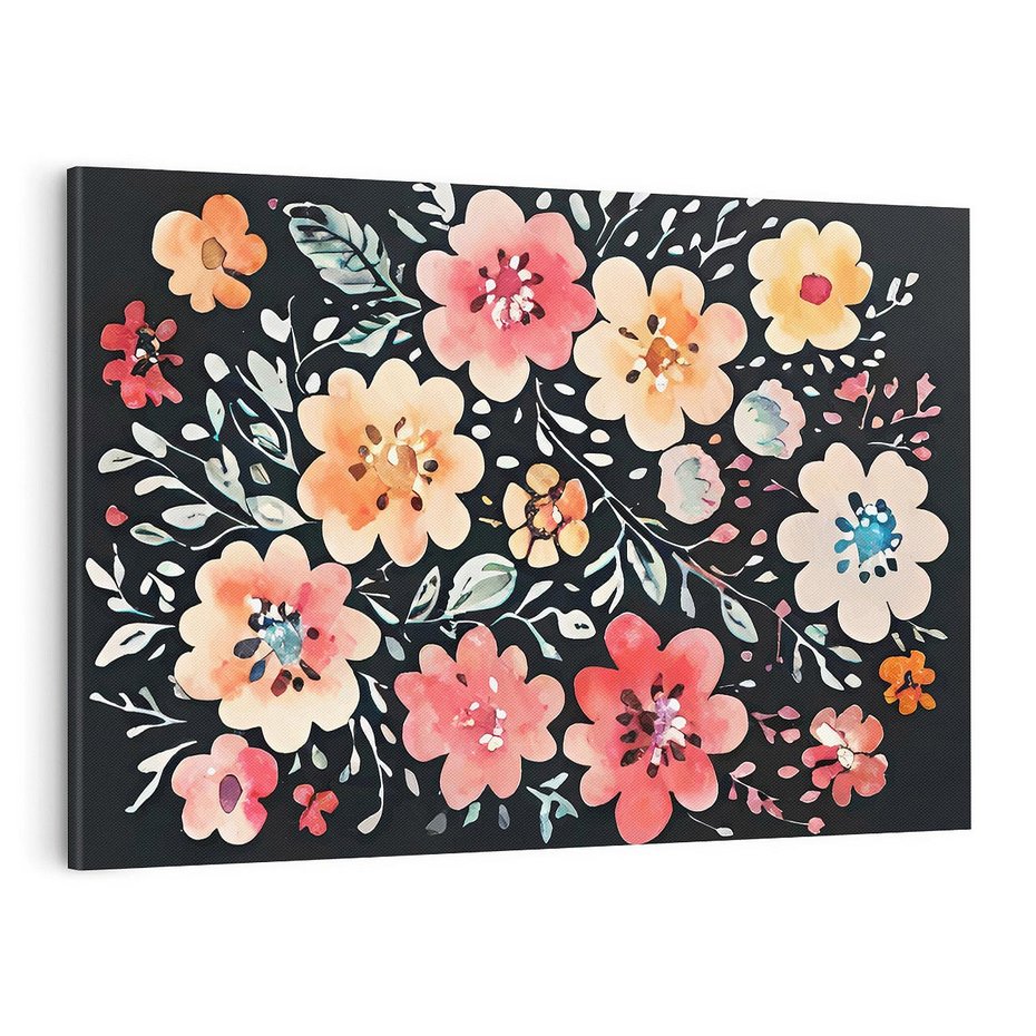 Obraz na płótnie 100x70 - Labirynty melancholii - akwarelowe, pastelowe kwiaty na czarnym tle