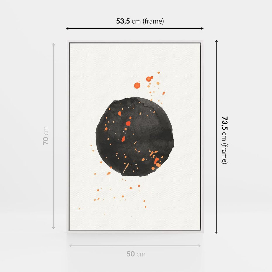 Obraz w ramie 50x70 - Wibracje Kolorów - abstrakcyjna czarna plama, rozsiane pomarańczowe kropki - rama biała