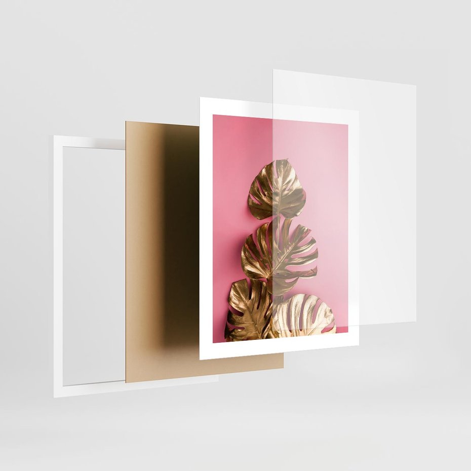 Plakat w ramie 40x50 - Złote Liście Monstery: Delikatność na Różowym Tle - złote liście monstery, różowe tło - rama biała