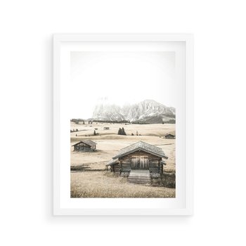 Plakat w ramie 30x40 - Chatka w Górskiej Sepii - domek w górach, chatka - rama biała