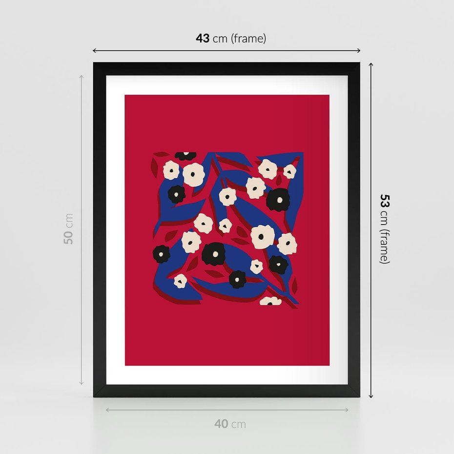 Plakat w ramie 40x50 - Kolorowe Przenikanie - abstrakcyjna kwiatowa kompozycja, czerwone mocne tło - rama czarna