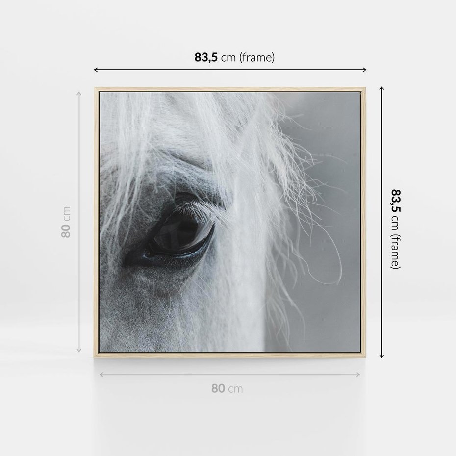 Obraz w ramie 80x80 - Oko Mocy - czarno białe zdjęcie, zbliżenie makro na oko konia - rama drewno