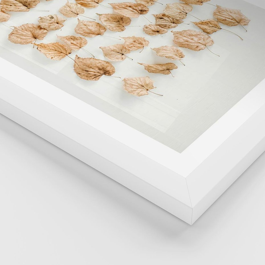 Plakat w ramie 50x70 - Liście Złotego Sezonu - kompozycja z suchych żółtych liści - rama biała