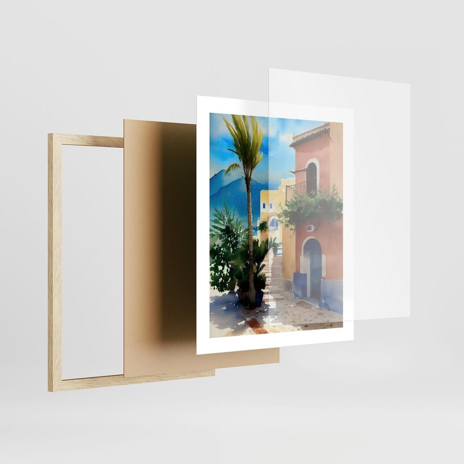 Plakat w ramie 40x50 - Spokój Miasta nad Morzem - akwarela, sródziemnomorski klimat - rama drewno