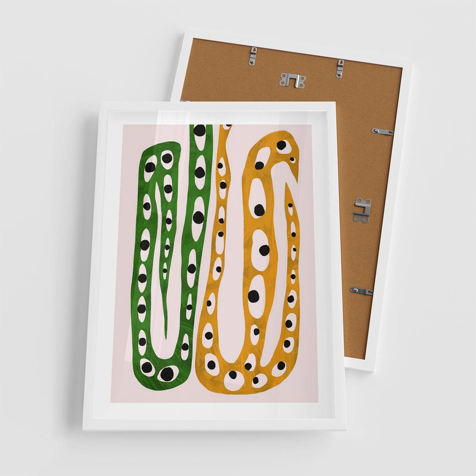 Plakat w ramie 50x70 - Migocące Zmaganie - abstrakcyjny obraz, dziwne kształty - rama biała