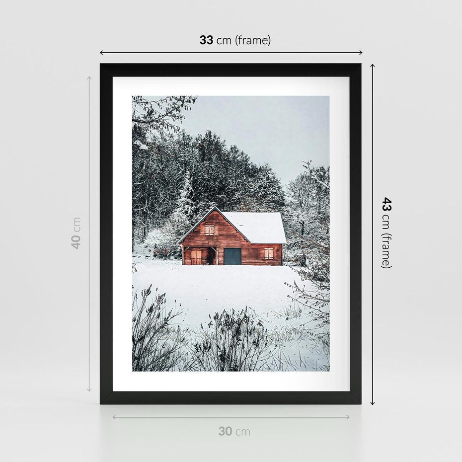 Plakat w ramie 30x40 - Domek w Górach Pokryty Śniegiem - domek w górach, śnieg - rama czarna