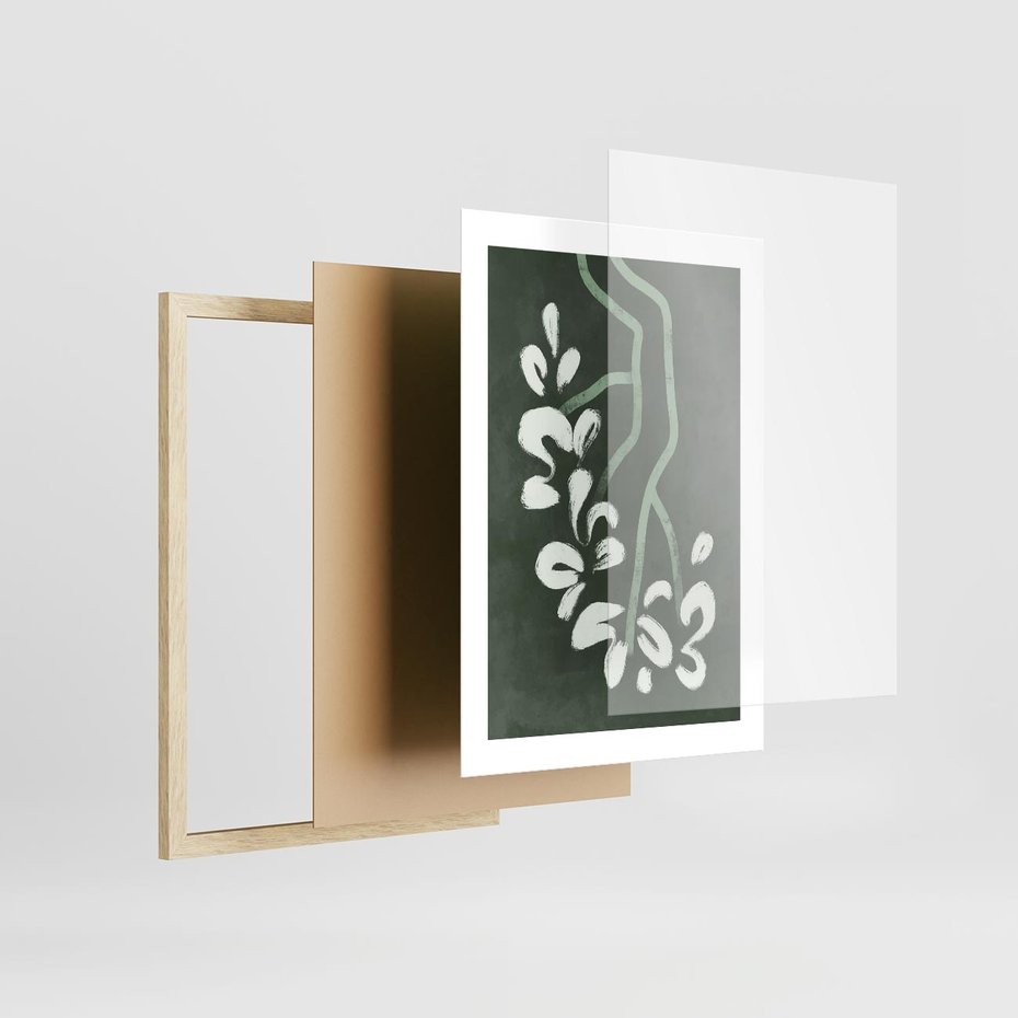Plakat w ramie 30x40 - Rozkwitające Zielone Gałęzie - abstrakcyjne delikatne zielone linie, podobne do gałęzi kwiatów - rama drewno