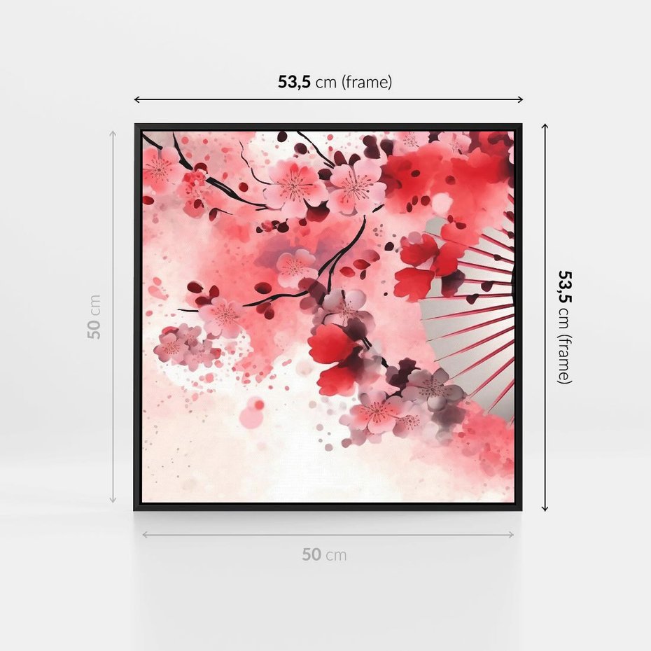 Obraz w ramie 50x50 - Szept Kwitnącej Wiśni - japoński parasol, liście - rama czarna