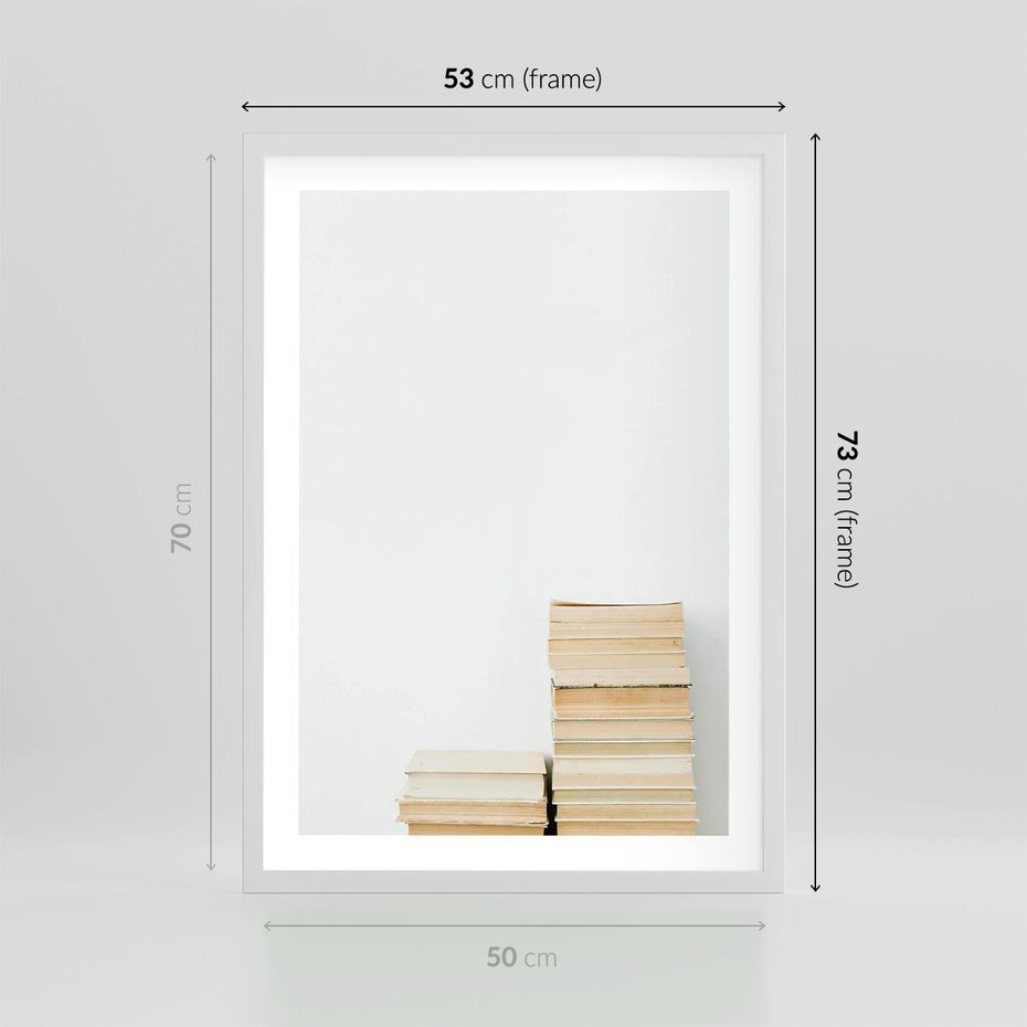 Plakat w ramie 50x70 - Stos Zakurzonych Opowieści - stos książek, ksiązki na stosie - rama biała