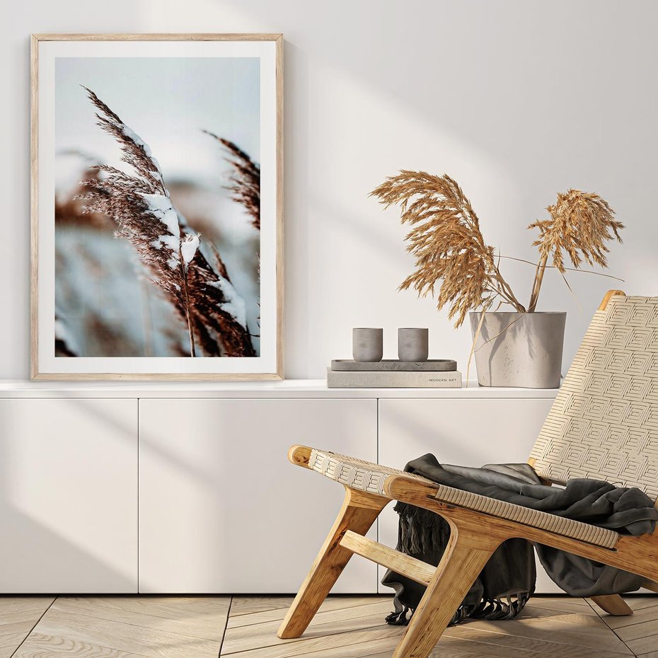 Plakat w ramie 50x70 - Zima na Suchych Trawach - suche trawy, śnieg wysokich na trawach - rama drewno