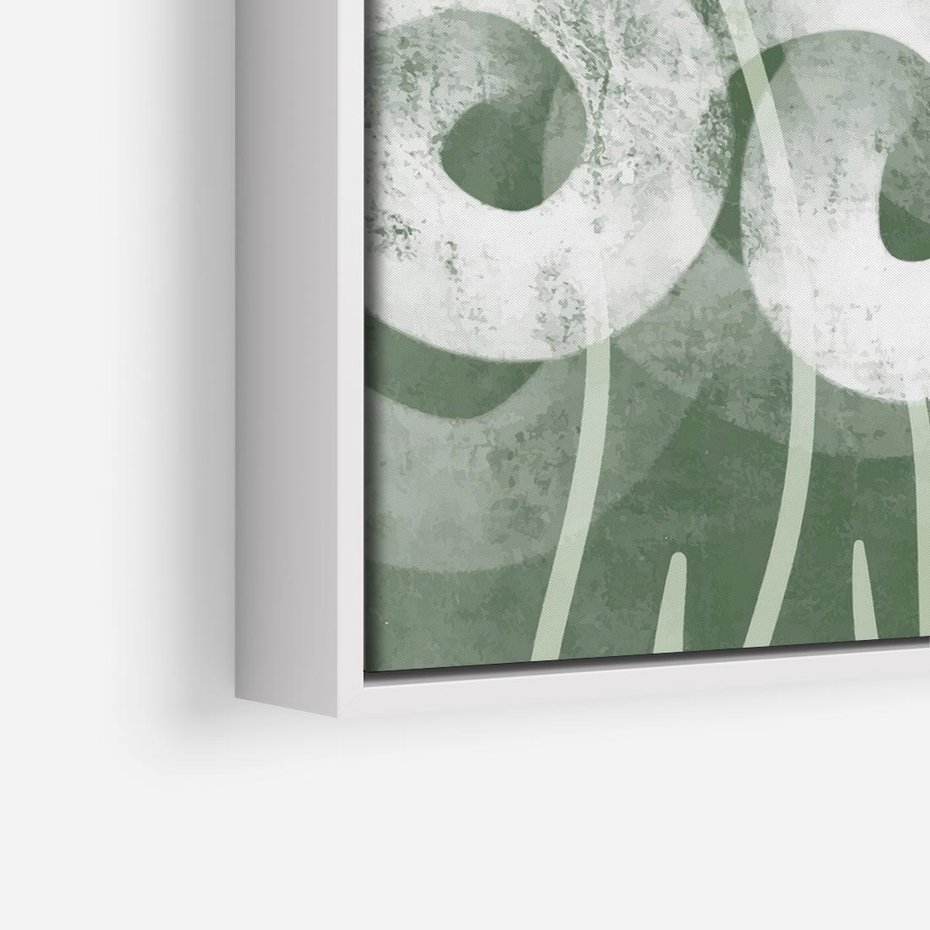 Obraz w ramie 80x80 - Spokojne Plamy Natury - zielony plakat, roślinne motywy - rama biała