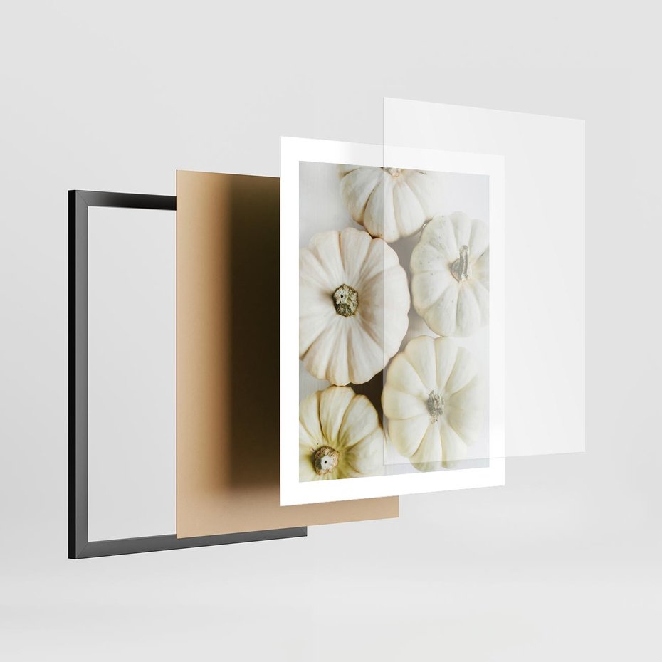 Plakat w ramie 40x50 - Jesienne Dynie: Delikatna Kompozycja - białe dynie, jasna kompozycja - rama czarna