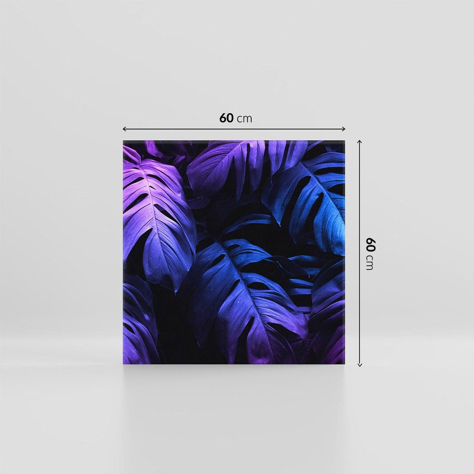 Obraz na płótnie 60x60 - Mroczna Magia Dżungli - mroczna grafika, fioletowe liście monstery na czarnym tle