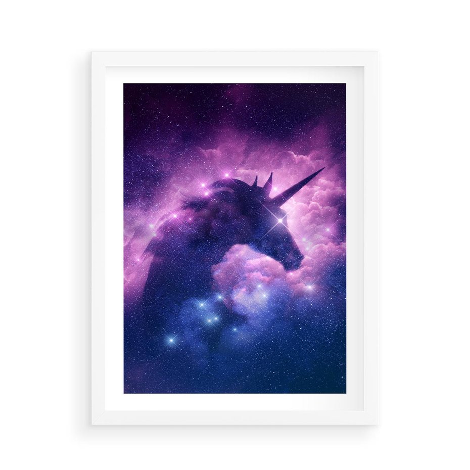 Plakat w ramie 50x70 - Mityczna podróż - kosmos, jednorożec - rama biała