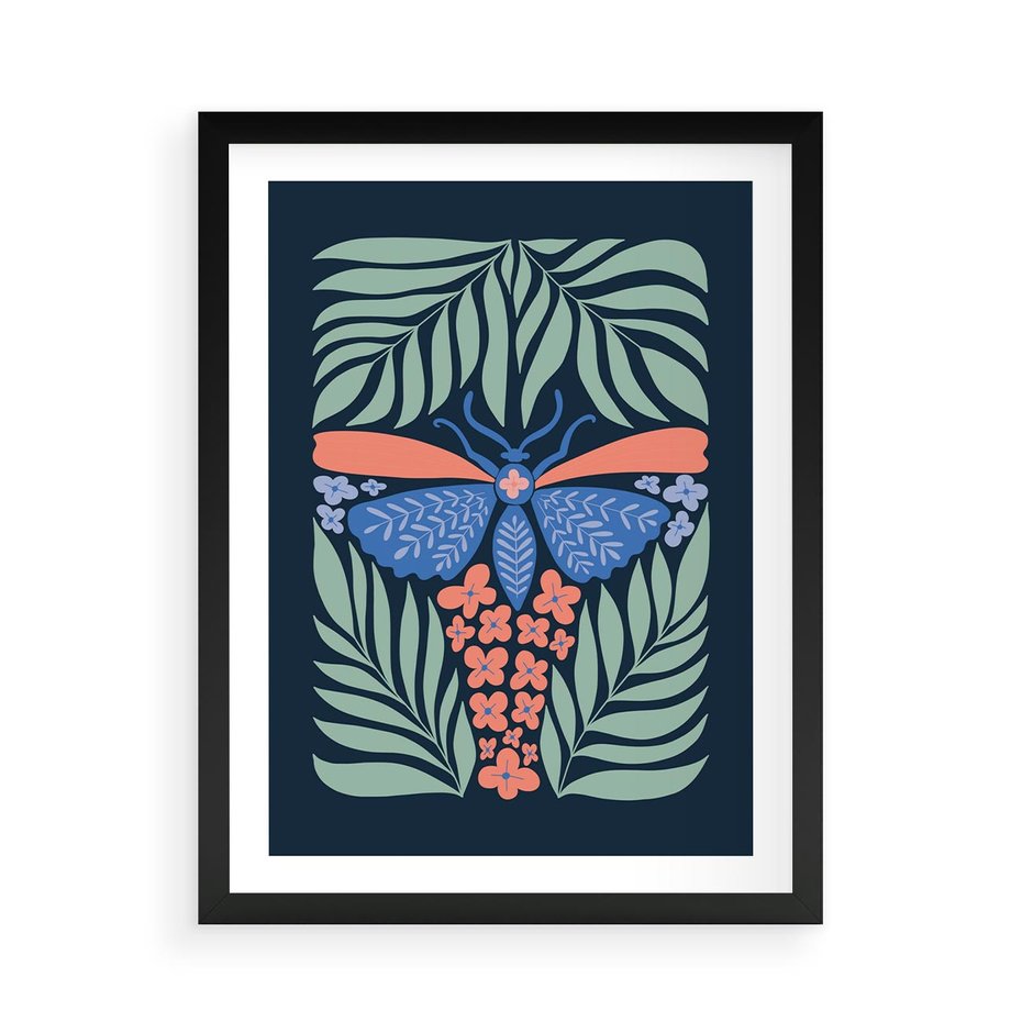 Plakat w ramie 50x70 - Granatowa Noc - granatowe tło, abstrajcyjna ćma - rama czarna