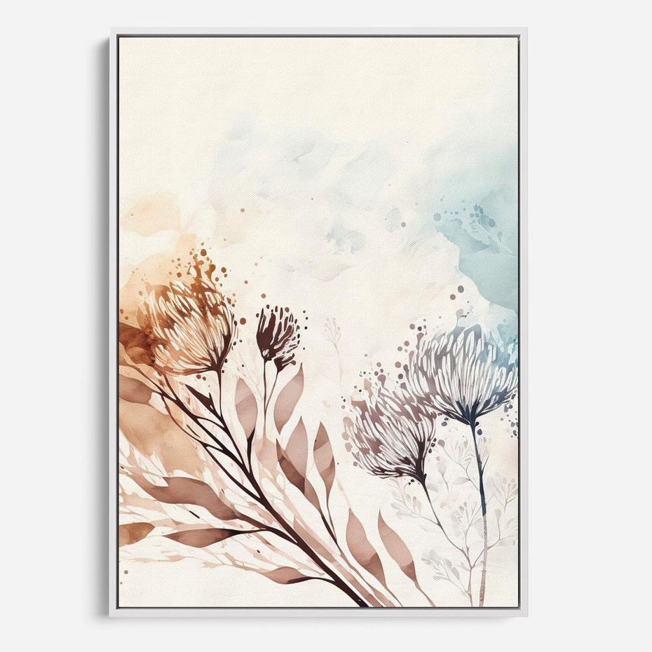 Obraz w ramie 50x70 - Nostalgiczne tańce pędzla - akwarelowe kwiaty, gałęzie - rama biała