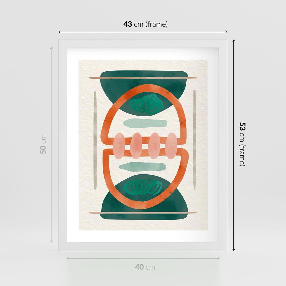 Plakat w ramie 40x50 - Oryginalny obraz abstrakcyjny w nowoczesnym stylu. Geometryczne akwarelowe kształty w intensywnych odcieniach zieleni i pomarańczu. Doskonała dekoracja dla miłośników sztuki. - abstrakcyjny obraz, sztuka nowoczesna - rama biała