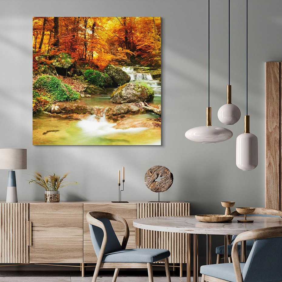 Obraz na płótnie 80x80 - Idylliczny las z bujnym strumykiem - las, drzewa