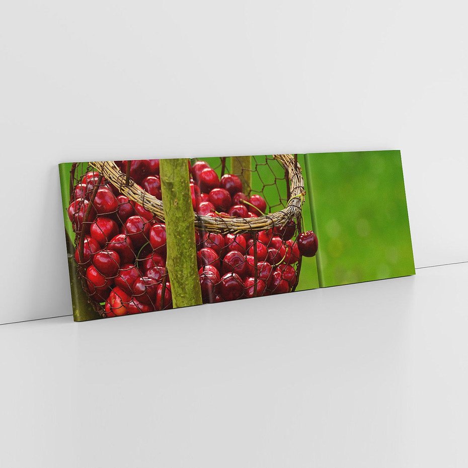 Obraz na płótnie 150x50 - Czereśnie w Koszyku Owocowy Skarb - czereśnie, koszyk