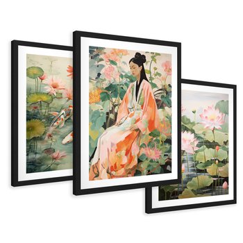 Zestaw obrazy w ramie 50x70 galeria - japonia, orient, kwiaty, japandi - rama czarna