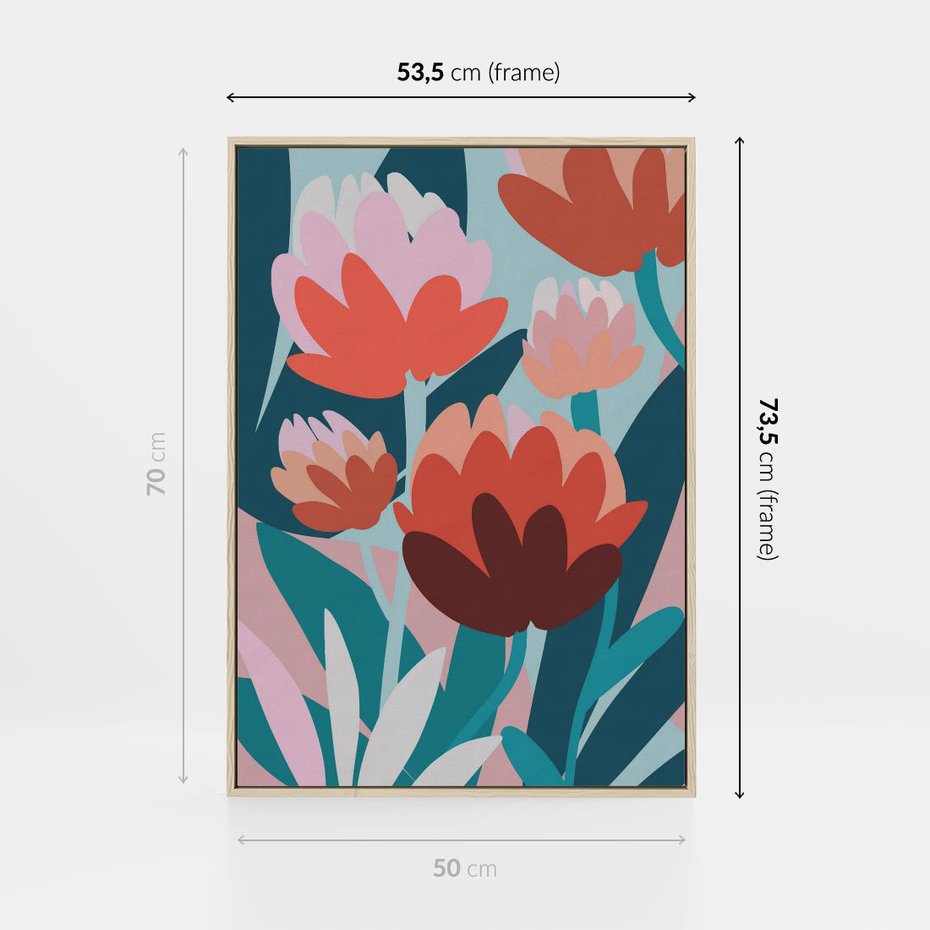 Obraz w ramie 50x70 - Symfonia Kwiatów - abstrakcyjna kompozycja kwiatowych form, kolor zgaszone - rama drewno