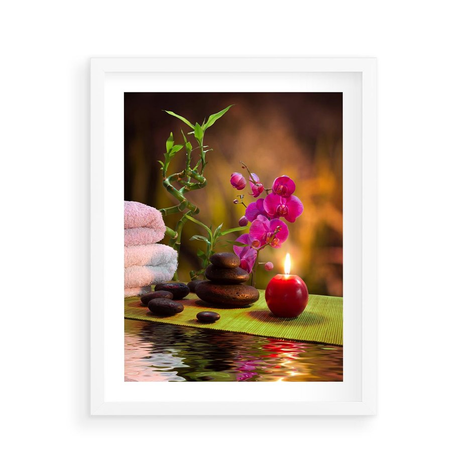 Plakat w ramie 40x50 - Światło Świecących Kwiatów w Spa - spa, świaca - rama biała