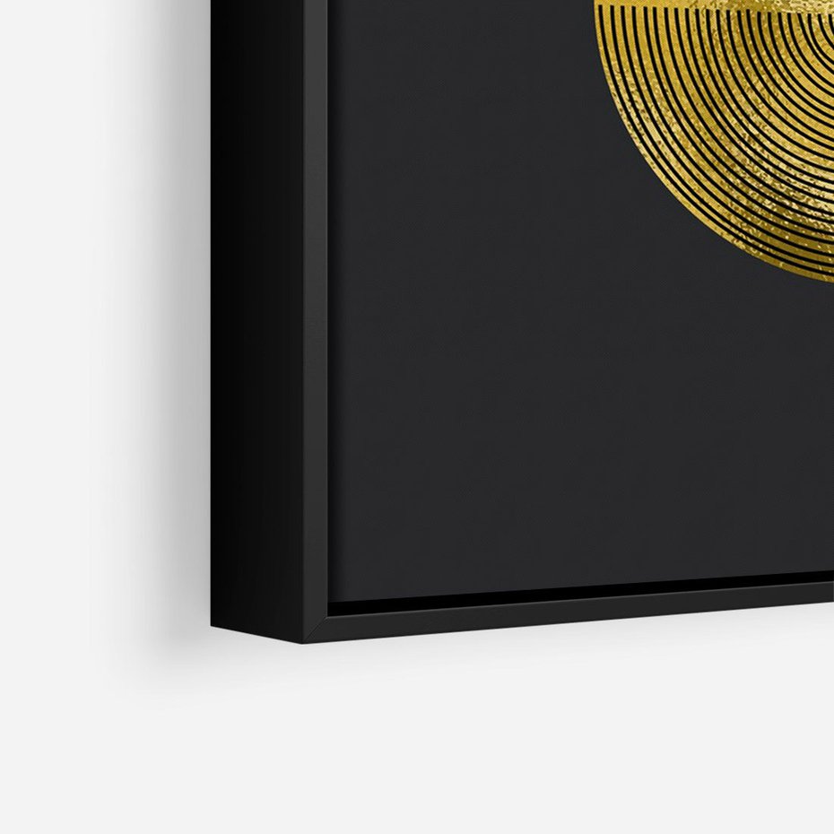 Obraz w ramie 70x100 - Migotliwe Przeniknięcia - złote koła, czarne tło - rama czarna
