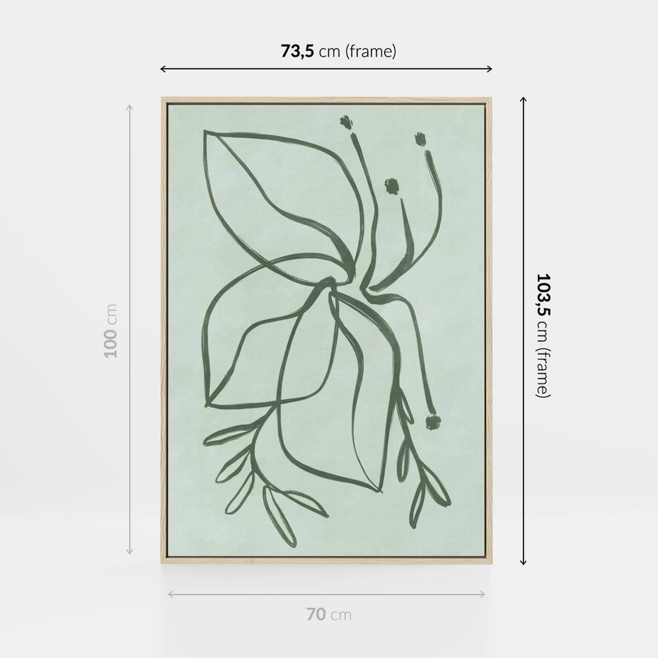 Obraz w ramie 70x100 - Energetyczne Odrodzenie Natury - abstrakcyjne delikatne zielone linie, podobne do gałęzi kwiatów - rama drewno