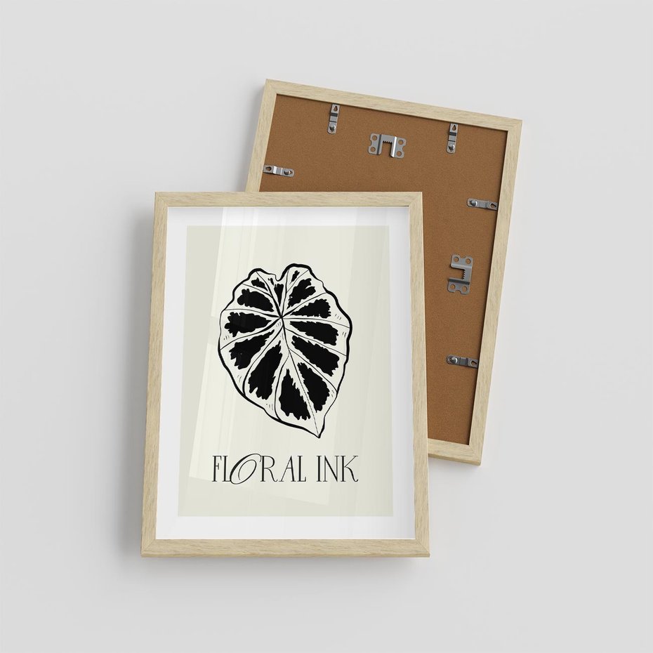 Plakat w ramie 30x40 - Zapisane na liściach wspomnienia - liść, czarny kontur na jasnym tle - rama drewno