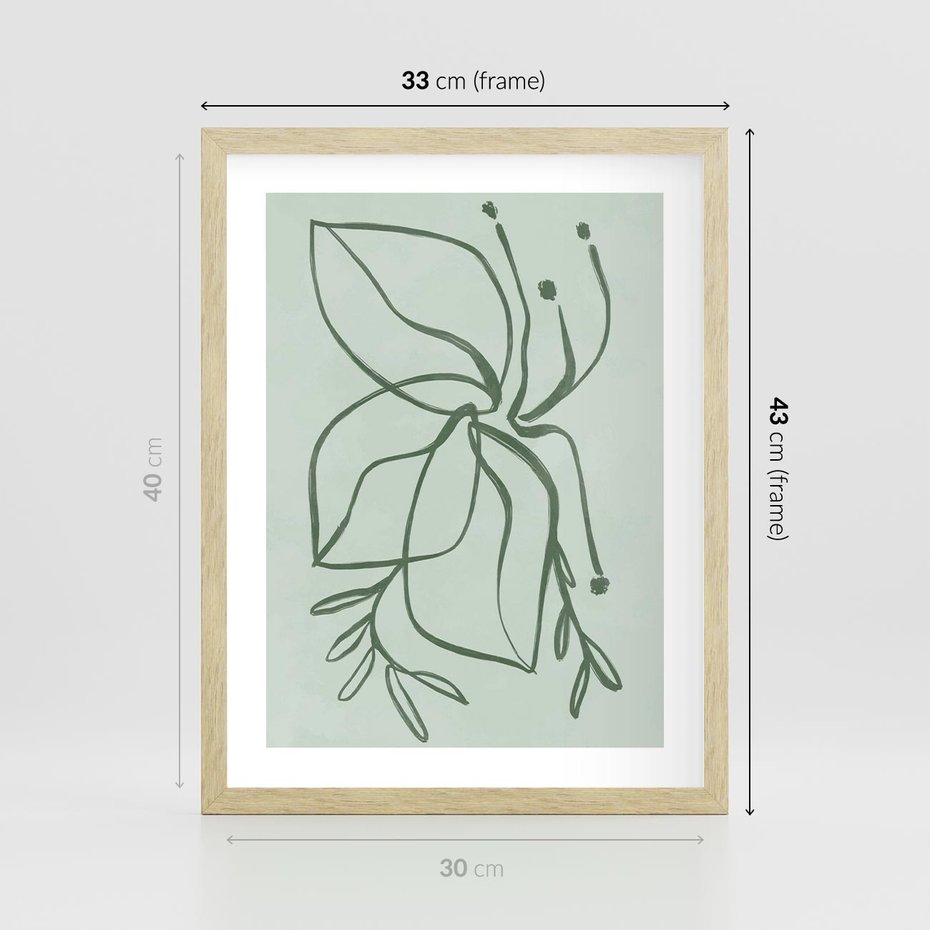 Plakat w ramie 30x40 - Energetyczne Odrodzenie Natury - abstrakcyjne delikatne zielone linie, podobne do gałęzi kwiatów - rama drewno