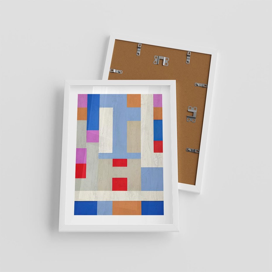 Plakat w ramie 30x40 - Bezczasowe Przenikanie Kształtów - abstrakcyjne geometryczne kształty, olejny obraz - rama biała