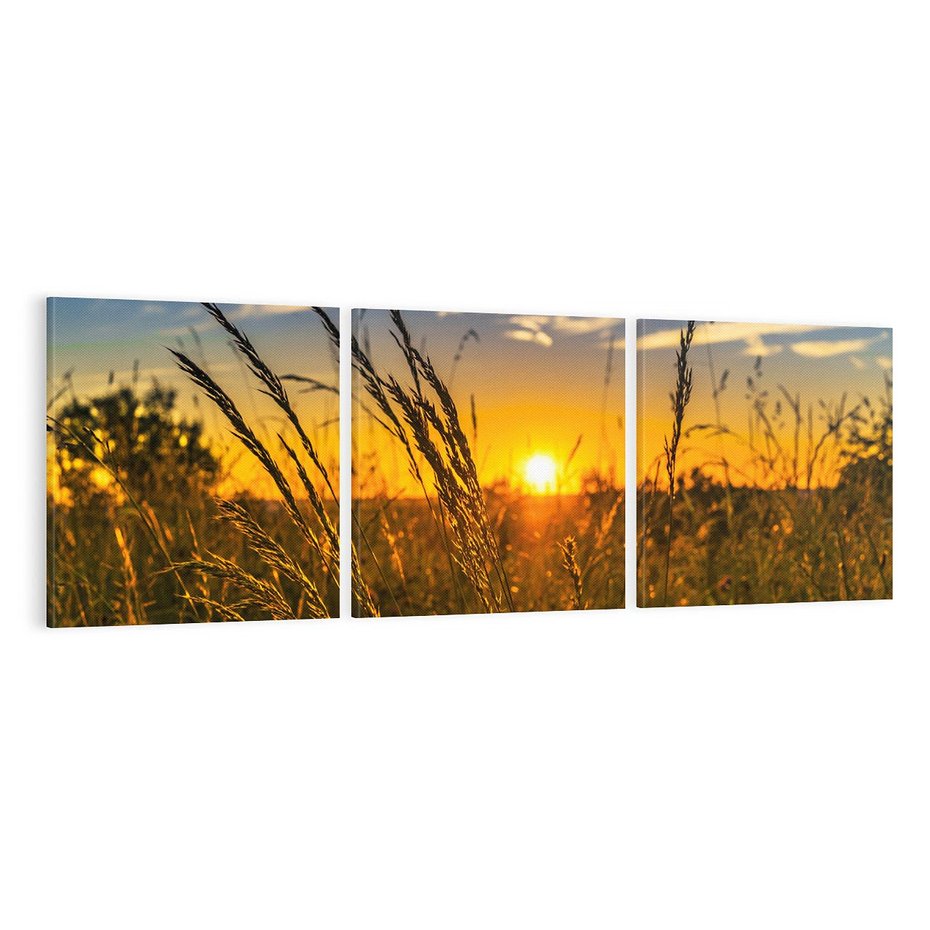 Obraz na płótnie 120x40 - "Zachód Słońca, Łąka - Magiczna Aura - zachód, słońca
