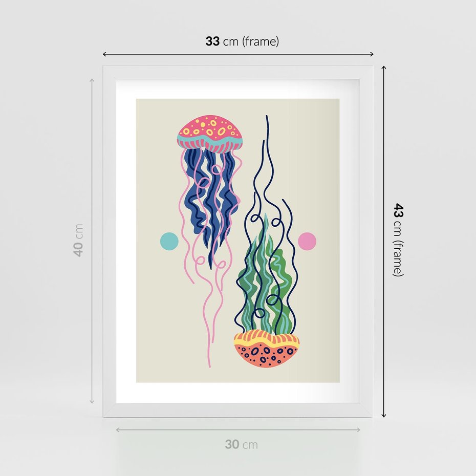 Plakat w ramie 30x40 - Morskie Pulsacje - nowoczesny optymistyczny plakat, kolorowe meduzy - rama biała