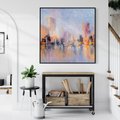 Obraz w ramie 50x50 - Miasto Refleksji - olejna panorama miasta w oddali, wiezowce odbijają się w rzece - rama czarna