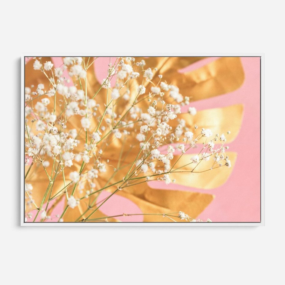 Obraz w ramie 100x70 - : Elegancja w Złocie - złote, liście - rama biała