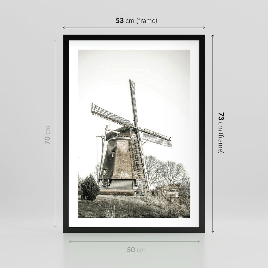 Plakat w ramie 50x70 - Wiejska Idylla z Młynem - wiatrak, młyn - rama czarna