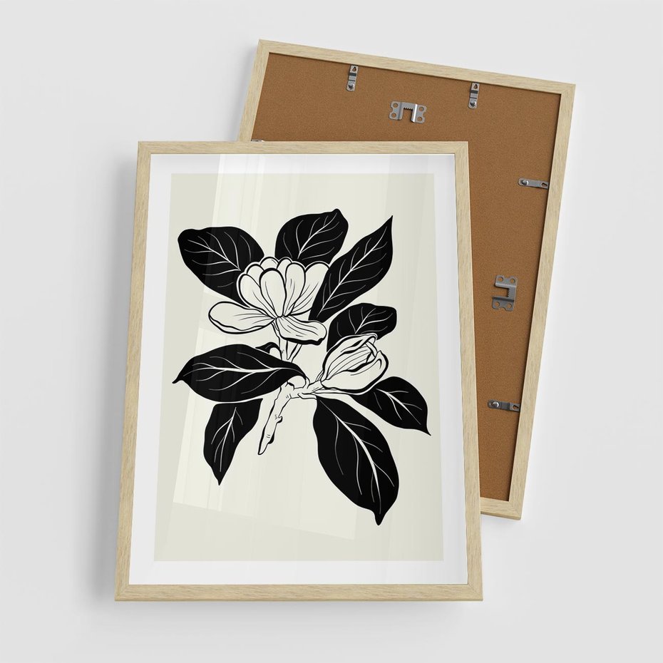 Plakat w ramie 50x70 - Spojrzenie w kształty kwiatów - kwiaty magnolii, minimalizm - rama drewno