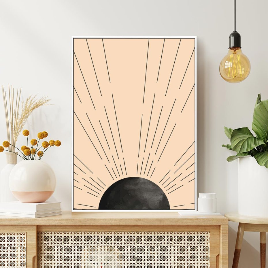 Obraz w ramie 70x100 - Migocące Kształty Promieni - boho czarne słońce, nowoczesna grafika - rama biała