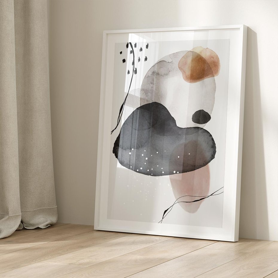 Plakat bez ramy 21x30 - Impresje Harmonii - abstrakcyjne plamy akwarelowe, czarny szkic