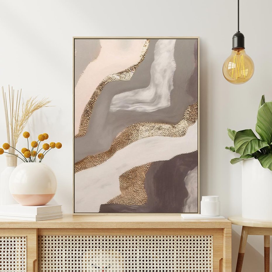 Obraz w ramie 80x120 - Płynne Fale - abstrakcja, neutralne kolory - rama drewno