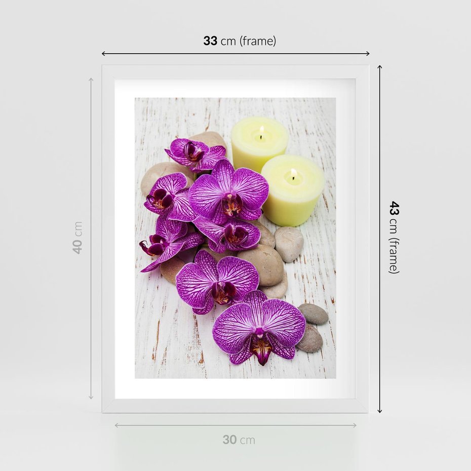 Plakat w ramie 30x40 - Relaksujące spa w otoczeniu orchidei - spa, świece - rama biała