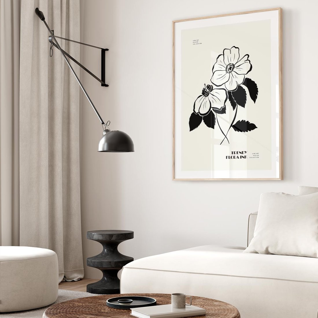 Plakat w ramie 50x70 - Poezja kwiecistej kreski - kwiaty, minimalistyczne - rama drewno