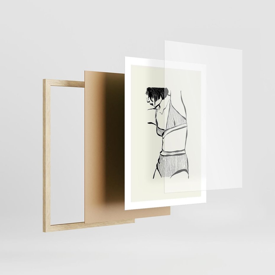 Plakat w ramie 50x70 - Minimalistyczny Urok - szkic, kobieta w bieliźnie - rama drewno