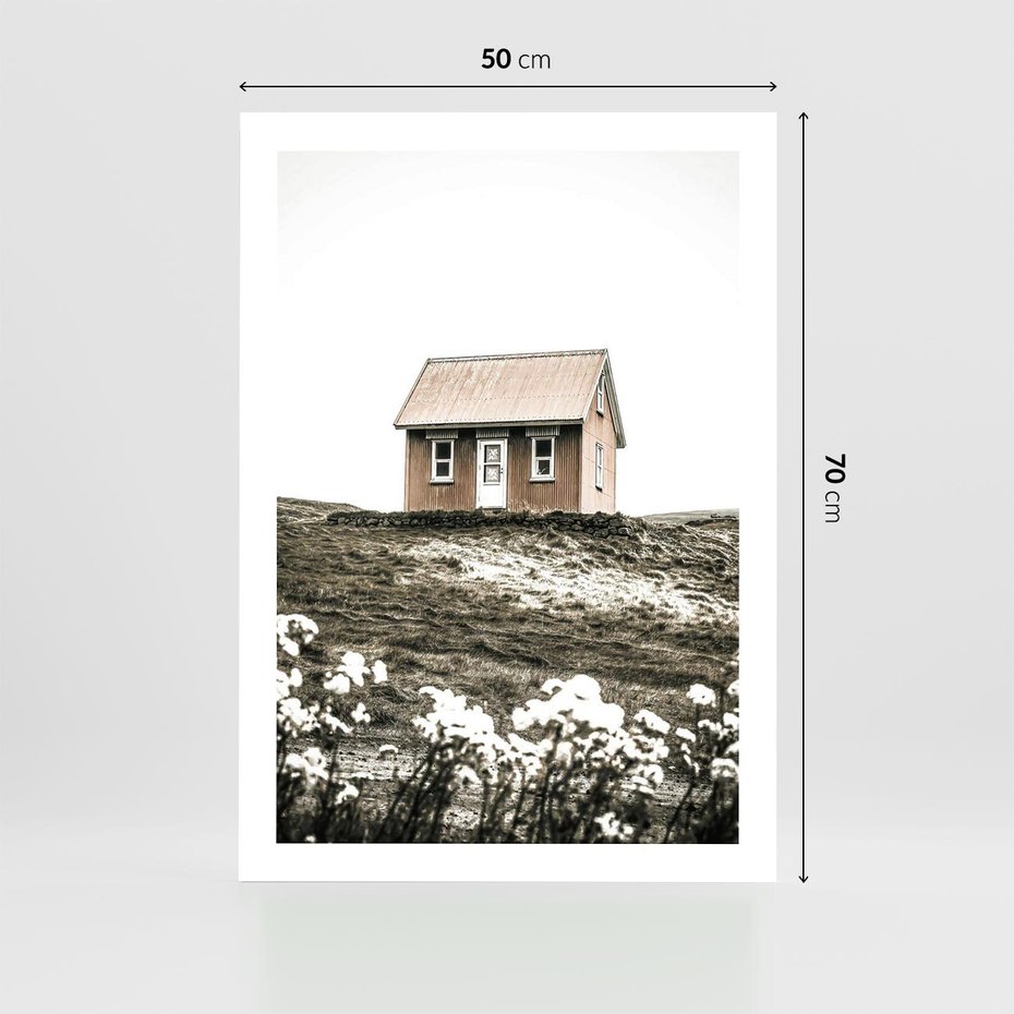 Plakat bez ramy 50x70 - Krajobraz z Przeszłości: Kwitnąca Łąka w Sepii - domek na wzgórzu, kwitnąca łąka
