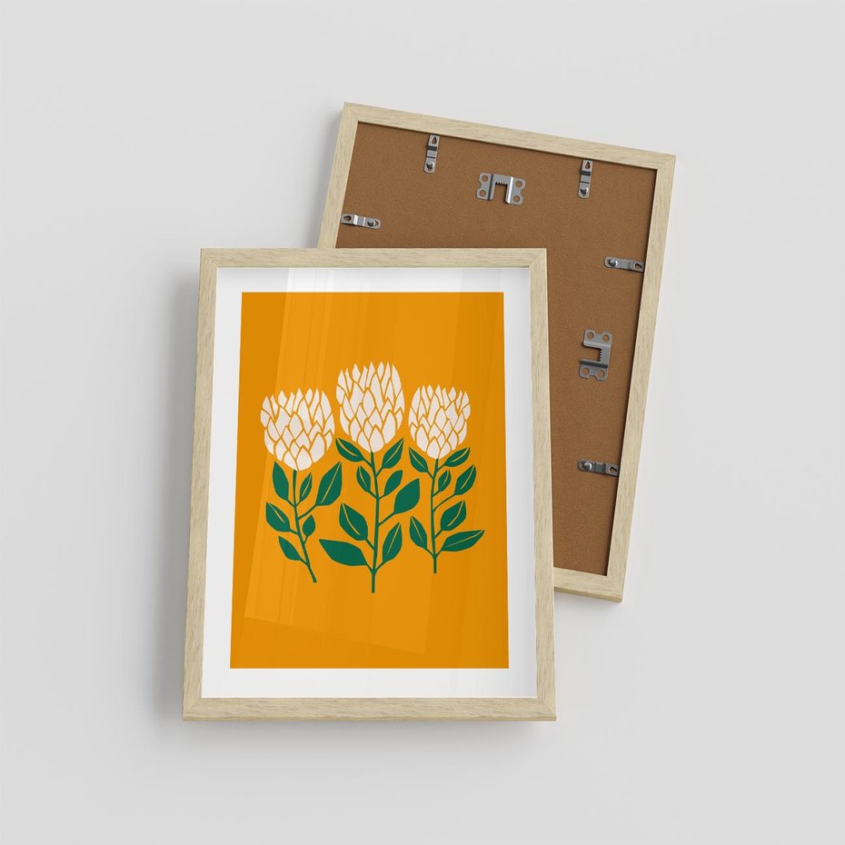 Plakat w ramie 30x40 - Kolorowe Impresje - abstrakcyjna kwiatowa kompozycja, żółte mocne tło - rama drewno