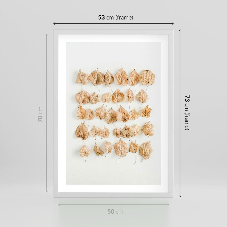Plakat w ramie 50x70 - Liście Złotego Sezonu - kompozycja z suchych żółtych liści - rama biała